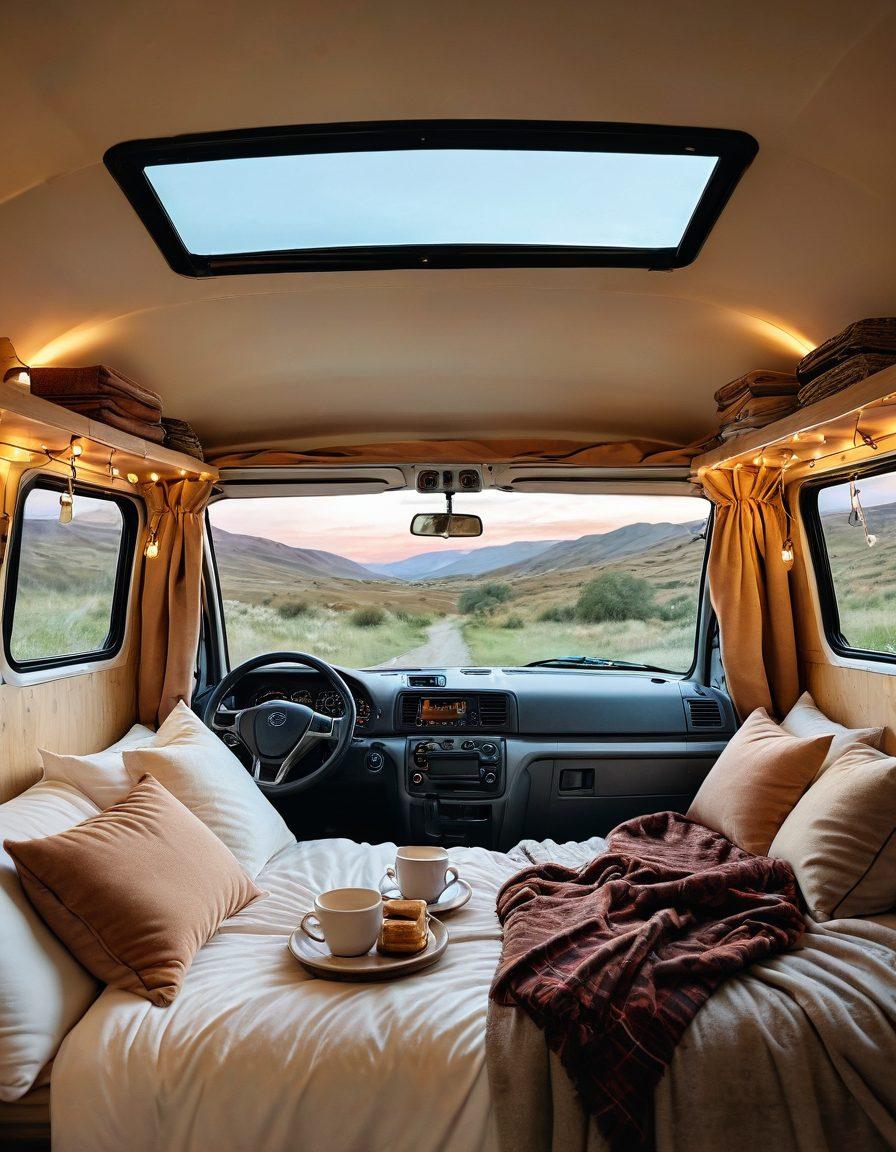 A cozy, romantic interior of a campervan with a beautifully made bed adorned with fluffy pillows and soft blankets. Soft fairy lights illuminate the space, while a scenic view of a serene sunset over a picturesque landscape is visible through the van's window. A small table with two coffee mugs adds a personal touch, evoking warmth and adventure. Include hints of travel gear like a map and hiking boots. warm tones, soft focus, inviting atmosphere.