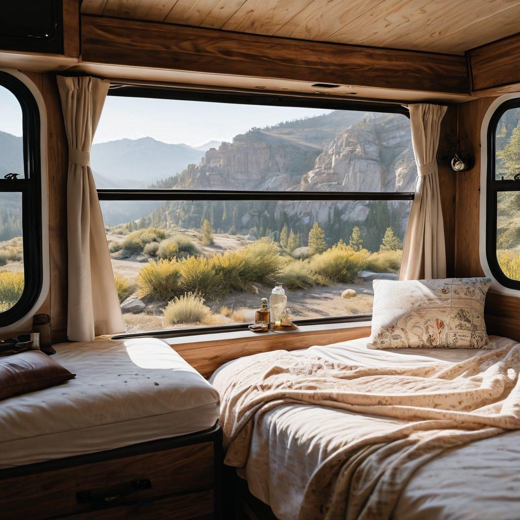 A cozy RV interior showcasing a luxurious, inviting mattress adorned with soft, romantic bedding. Natural sunlight filters through a window, highlighting a couple lounging together, with a scenic view of nature outside. Elements of travel, such as a map and vintage suitcase, hint at adventure and intimacy. Warm colors evoke a sense of comfort and passion. vibrant colors. super-realistic.