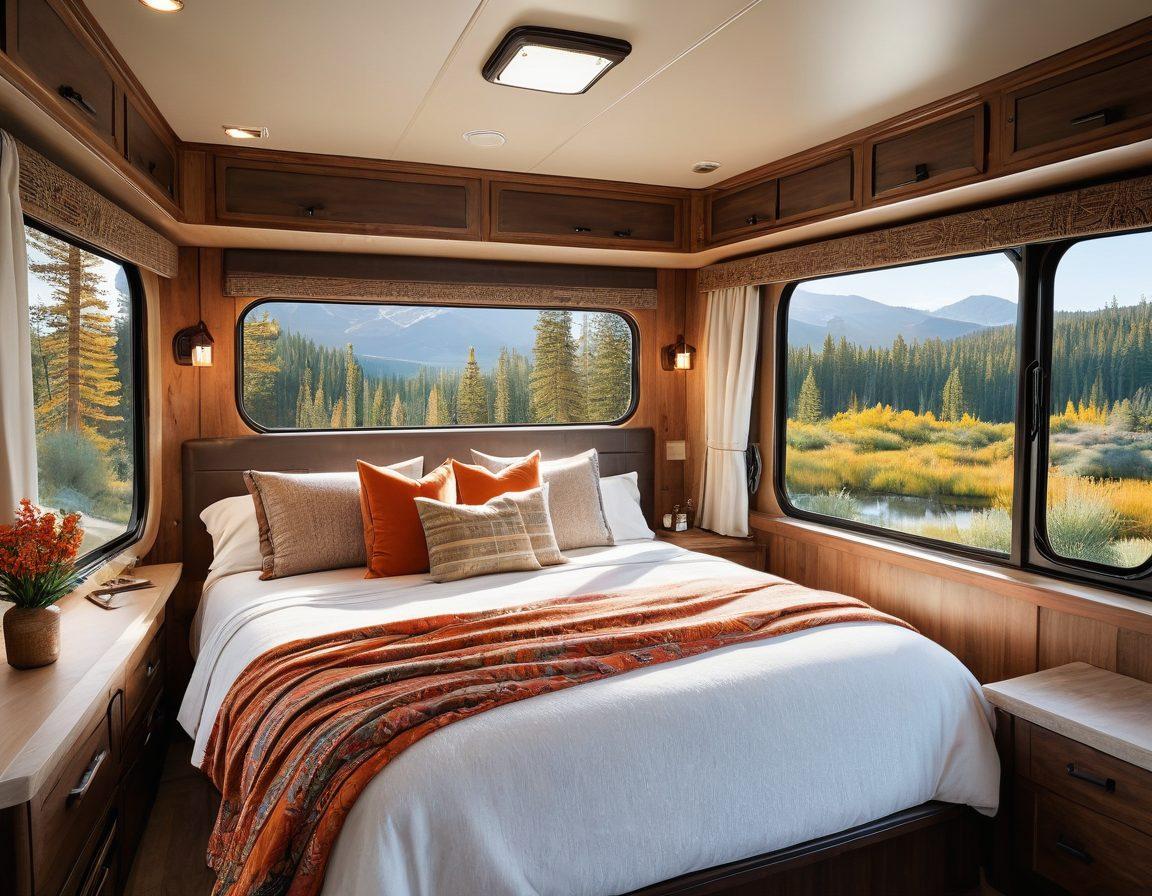 A serene interior of a luxurious RV bedroom, showcasing a plush, custom mattress adorned with soft, elegant bedding. Bright sunlight streams through large windows, illuminating a cozy, inviting atmosphere filled with travel-themed decor. Outside the windows, a picturesque view of a tranquil campsite in nature can be seen. The color palette should be warm and inviting, emphasizing comfort and relaxation. super-realistic. vibrant colors. 3D.